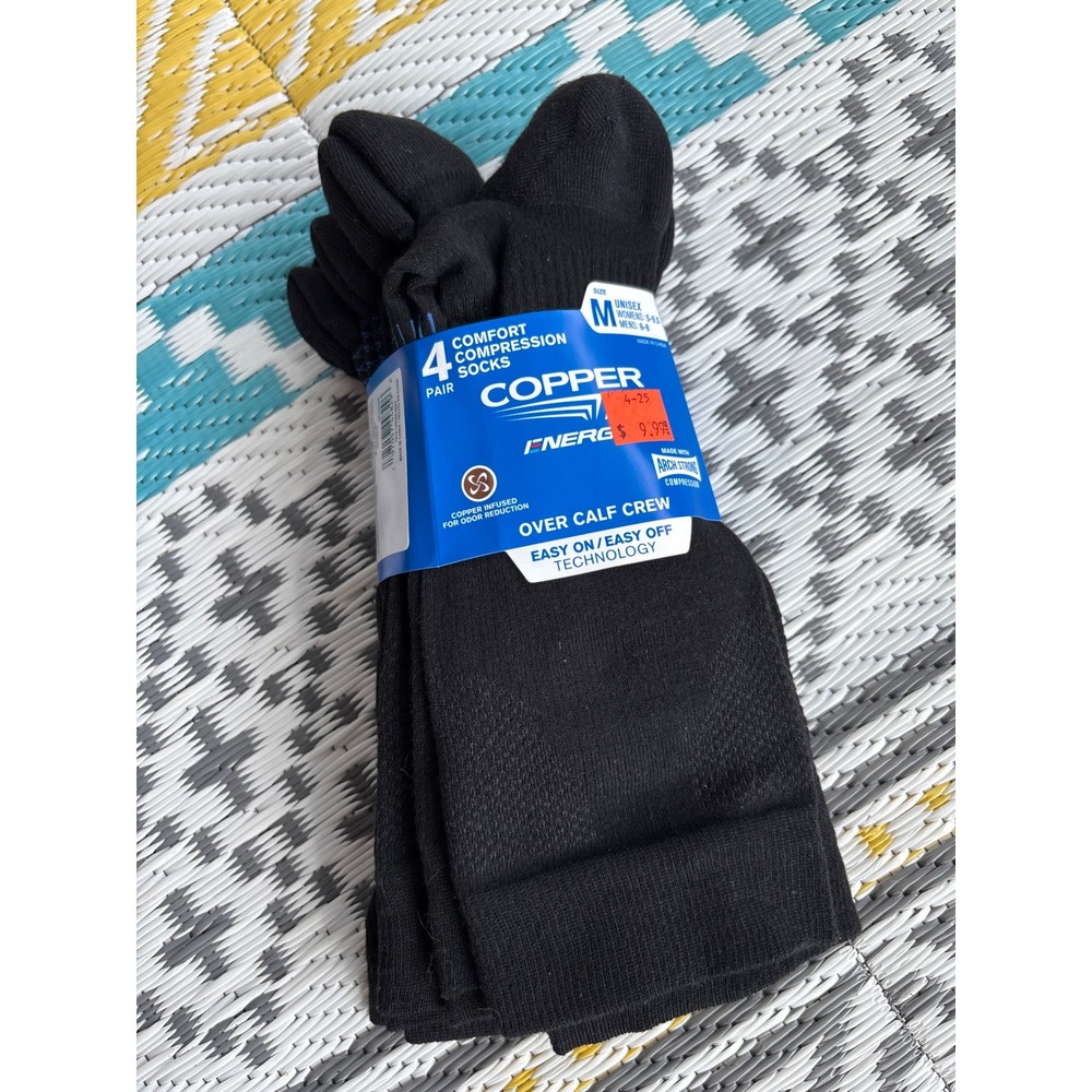 Copper Fit Energy Comfort Compression Socks 4 Pair Black Over Calf Crew Size M